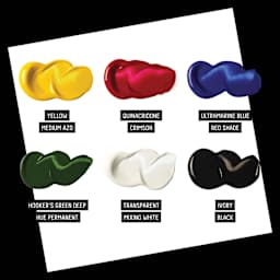 Yellow Medium Azo. Quinacridone Crimson. Ultramarine Blue Red Shade. Hooker's Green Deep Hue Permanent. Transparent Mixing White. Ivory Black.