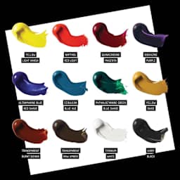 Yellow Light Hansa. Naphthol Red Light. Quinacridone Magenta. Dioxazine Purple. Ultramarine Blue Red Shade. Cerulean Blue Hue. Phthalocyanine Green Blue Shade. Yellow Oxide. Transparent Burnt Sienna. Transparent Raw Umber. Titanium White. Ivory Black.