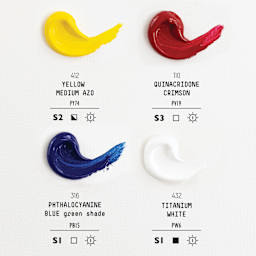 Set content color list. 412 Yellow Medium Azo, PY74. 110 Quinacridone Crimson, PV19. 316 Phthalocyanine Blue Green Shade, PB15. 432 Titanium White, PW6.