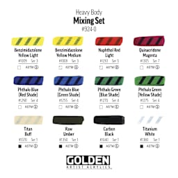 Golden Heavy Body Artist Acrylic Set - Mixing Set of 12 with Gloss Glazing Liquid, 22 ml Tubes, swatches