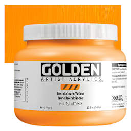 Golden Heavy Body Acrylic Paint - Isoindolinone Yellow, 946 ml Jar and swatch