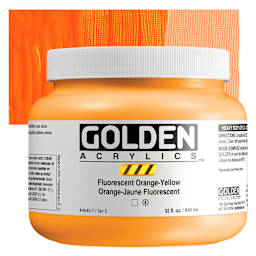  Golden Heavy Body Artist Acrylics - Fluorescent Orange-Yellow, 32 oz Jar and Swatch