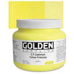Golden Heavy Body Artist Acrylic - Cadmium Yellow Primrose, 32 oz Jar and swatch
