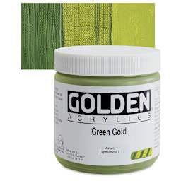 Golden Heavy Body Artist Acrylic - Green Gold, 16 oz Jar and swatch