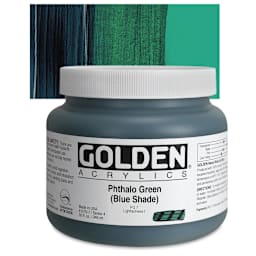 Golden Heavy Body Artist Acrylic - Phthalo Green (Blue Shade), 32 oz jar and swatch