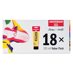 Amsterdam Standard Series Acrylics - Set of 18, Assorted Colors, 120 ml Tubes, front of packaging