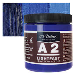 Chroma A2 Student Acrylic - Ultramarine Blue, 250 ml jar and swatch