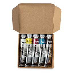 Maimeri Polycolor Vinyl Paint - Set of 5 Primary Colors shown in open package