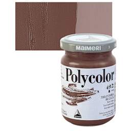 Maimeri Polycolor Vinyl Paint - Burnt Umber, 140 ml jar and swatch