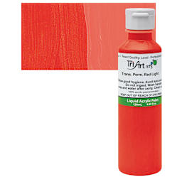 Tri-Art Liquid Artist Acrylic - Transparent Pyrrole Red Light, 120 ml bottle and swatch
