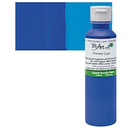 Tri-Art Liquid Artist Acrylic - Primary Cyan, 120 ml bottle and swatch