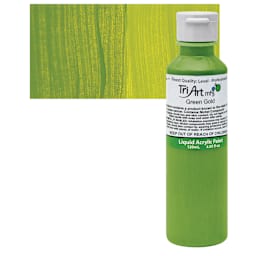 Tri-Art Liquid Artist Acrylic - Green Gold, 120 ml bottle and swatch