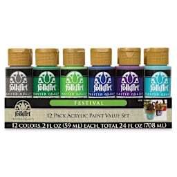FolkArt Matte Acrylic Paint - Set of 12, Festival Colors, 2 oz, Bottles (Front of packaging)