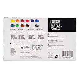 Liquitex Basics Acrylic Paints - Set of 12, Assorted Colors, 22 ml Tubes, back of package
