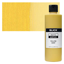 Blick Matte Acrylic - Yellow Deep, 8 oz bottle and swatch