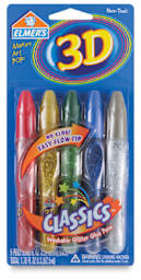 Elmer's 3-D Washable Glitter Glue Pens - Front of blister package of 5 Basic Colors