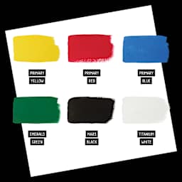 Set content color list. Primary Yellow, Primary Red, Primary Blue, Emerald Green, Mars Black, Titanium White.