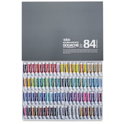 Holbein Artists' Gouache-Complete Set of 84 assorted colors, 15 ml. Inner tray of tubes, lid above.