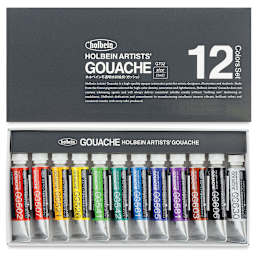 Holbein Artists' Gouache - Set of 12 assorted colors, 5 ml tubes. Inner tray of tubes, lid above. 