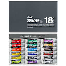 Holbein Artists' Gouache - Set of 18 Assorted Colors, 15 ml tubes. Inner tray of tubes, lid above.