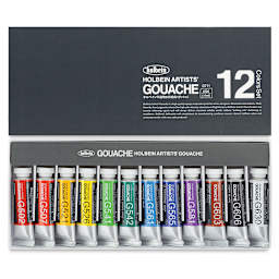 Holbein Artists' Gouache - Set of 12 assorted colors, 15 ml tubes. Inner tray of tubes, lid above.