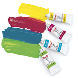 Utrecht Artists' Gouache Paints, tubes next to swatches