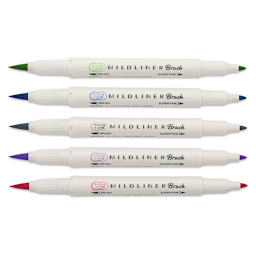 Zebra Mildliner Double Ended Brush Pens - Components of Set of 5 Cool and Refined Colors shown horizontally uncapped
