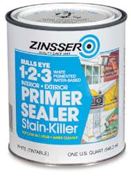 Zinsser Bulls Eye 1-2-3 Latex Primer Sealer - Front of Quart Can of White Primer Sealer
