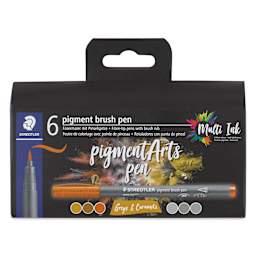 Staedtler Pigment Arts Brush Pens - Greys and Caramels, Set of 6, front of the packaging