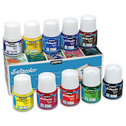 Pebeo Setacolor Fabric Paint - Set of 10 Opaque colors shown on top and in front of package