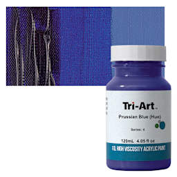 Tri-Art High Viscosity Artist Acrylic - Prussian Blue Hue, 120 ml jar and swatch