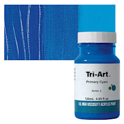 Tri-Art High Viscosity Artist Acrylic - Primary Cyan, 120 ml jar and swatch