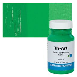 Tri-Art High Viscosity Artist Acrylic - Permanent Green Light, 120 ml jar and swatch