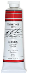 M. Graham Artists' Acrylics - 59 ml tube of Napthol Red shown upright
