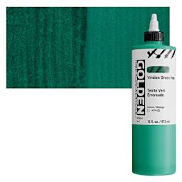Golden High Flow Acrylic Paint - Viridian Green Hue, 16 oz bottle and swatch
