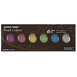 Kuretake Gansai Tambi Watercolor Paint Pan - Set of 6, Pearl Colors. Front of package.
