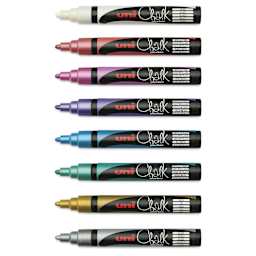 Uni Chalk Markers - Pkg of 8, Metallic, Medium out of packaging with caps off