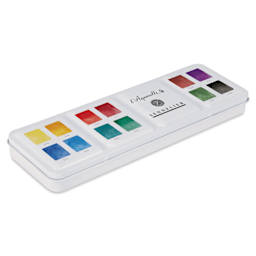 Sennelier French Artists' Watercolors - Set of 12, Granular, Half Pans side view of case