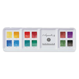 Sennelier French Artists' Watercolors - Set of 12, Granular, Half Pans top of case