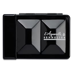 Sennelier French Artists' Watercolor - Set of 8, Black Case, Assorted Colors, Half Pans front of case