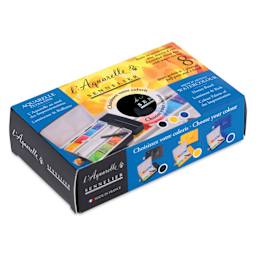 Sennelier French Artists' Watercolor - Set of 8, Black Case, Assorted Colors, Half Pans in packaging