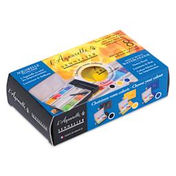 Sennelier French Artists' Watercolor - Set of 8, Yellow Case, Assorted Colors, Half Pans in packaging
