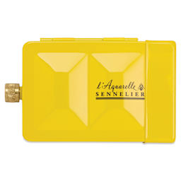 Sennelier French Artists' Watercolor - Set of 8, Yellow Case, Assorted Colors, Half Pans closed front of case