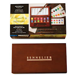 Sennelier French Artists' Watercolors - Set of 12, Assorted, Wood Box and packaging