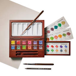 Sennelier French Artists' Watercolors - Set of 12, Assorted, Wood Box, Half Pan set open with diy color chart filled in (paper not included)