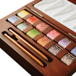 Sennelier French Artists' Watercolors - Set of 12, Assorted, Wood Box, Half Pans close up