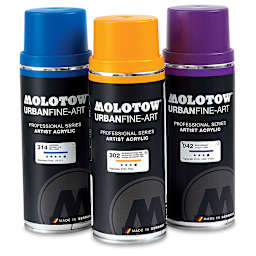 Molotow Urban Fine-Art Artist Acrylic Spray Paint - Front view of Blue, Orange and Purple cans