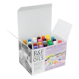 R&F Drawing Oil Sticks - Set of 24, Signature Colors, 12 ml, open packaging, angled view