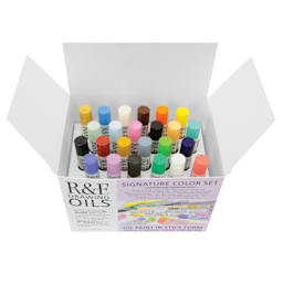 R&F Drawing Oil Sticks - Set of 24, Signature Colors, 12 ml, open packaging showing contents