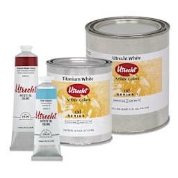 Utrecht Artists' Oil Paints, Utrecht White & Titanium White cans with Permanent Alizarin Crimson & Vivid Turquoise tubes